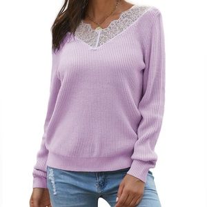 OrcaJump – Women’s Lace V-neck Ribbed Sweater Purple Size XLarge